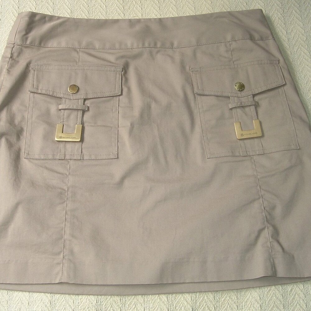 Michael Kors Mini Skirt Tan Khaki Flap Pocket Brass Button Cargo Gorpcore Size 6